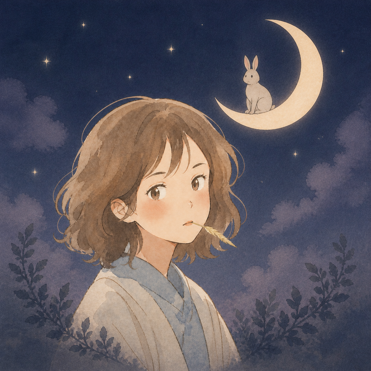 管理员野重月的头像：星空与弯月下的少女，月亮上坐着一只兔子